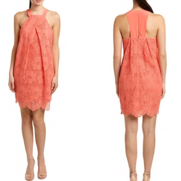 NWT Trina Turk Felisha Coral Lace Draped Halter Mini Dress in Guava - 4 - Picture 16 of 16